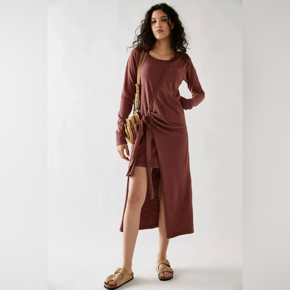 Free People Mauve Long-Sleeve Midi Dress with Side Tie